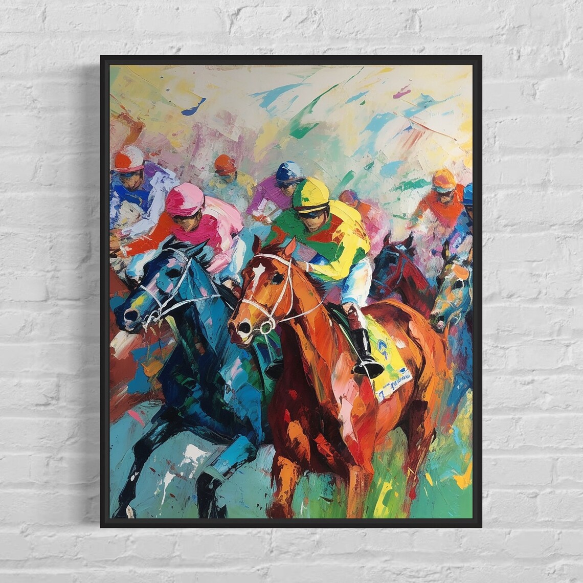 Horse Racing Abstract Painting Jockeys Racing On Canvas Sports Poster