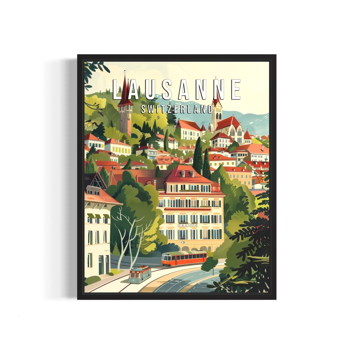 Lausanne Switzerland Vintage Travel Poster with Church Towers and Tram