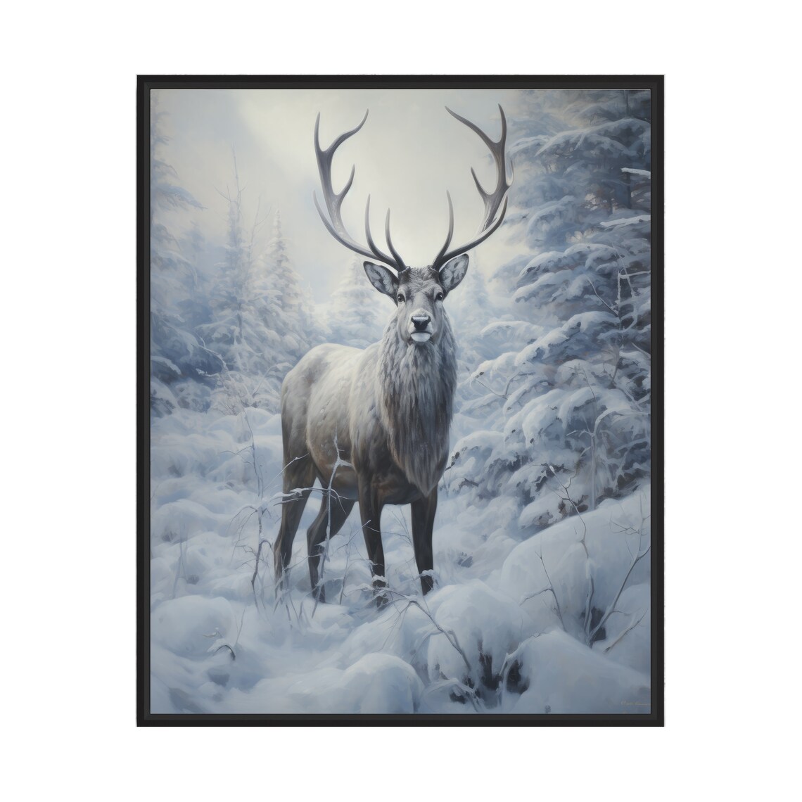 Majestic White Stag in Snowy Pine Forest Winter Wildlife Art Print