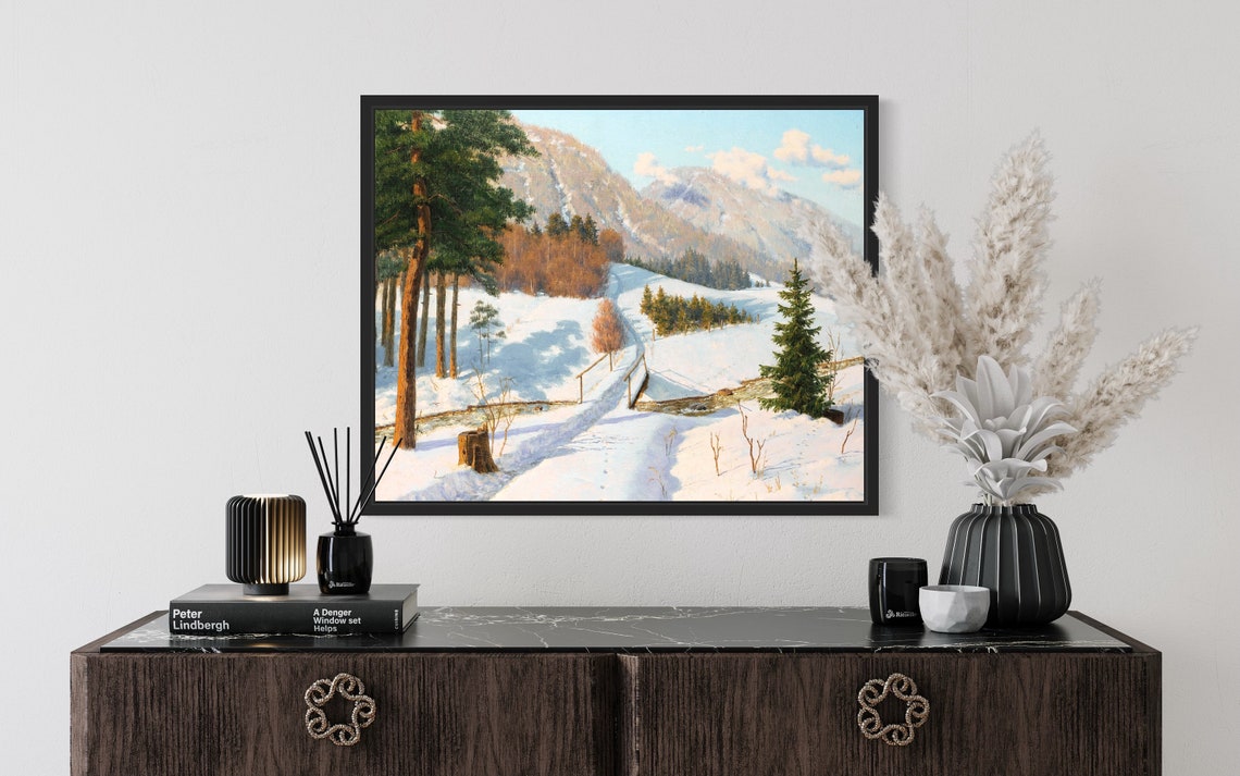 Sunlit Snowy Alpine Valley Vintage Winter Landscape Painting Poster - Image 2