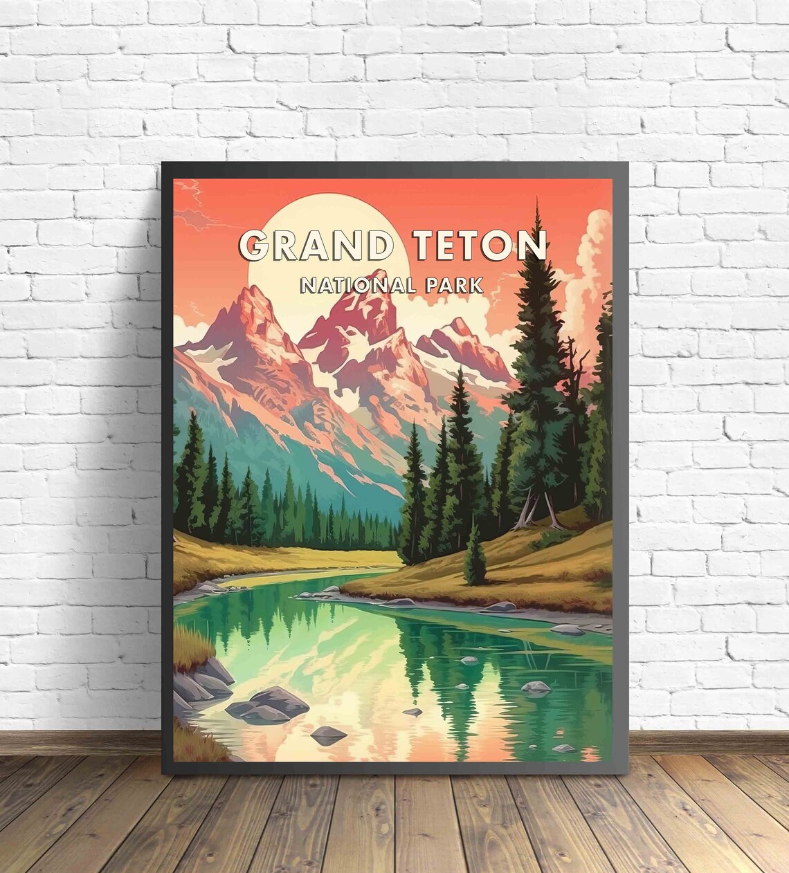 Grand Teton National Park Sunset Over Peaks and Lake Vintage Poster - Image 2