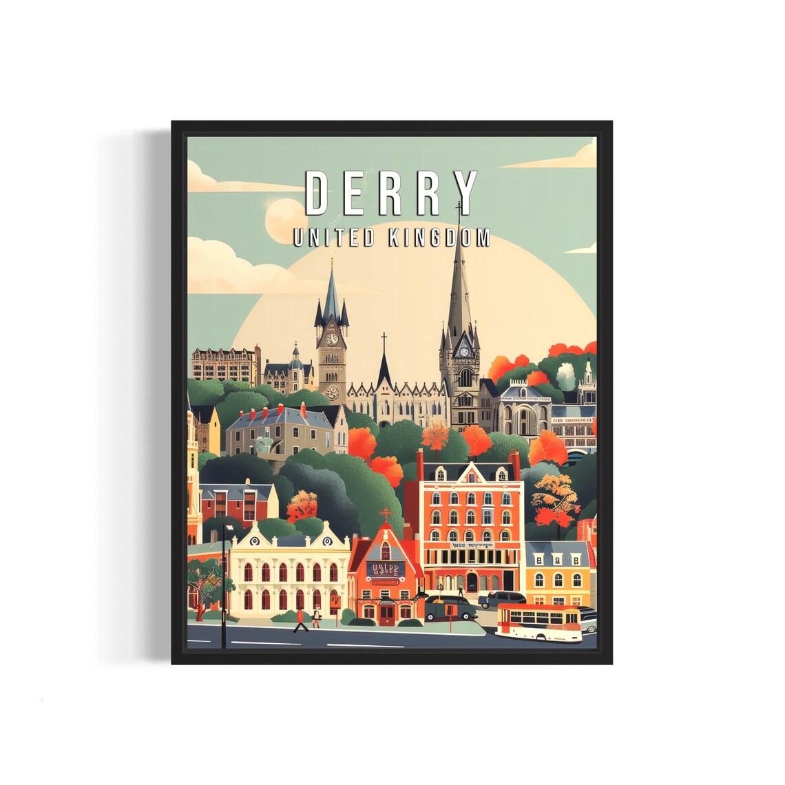 Derry United Kingdom Autumn Historic Town Churches Art Poster