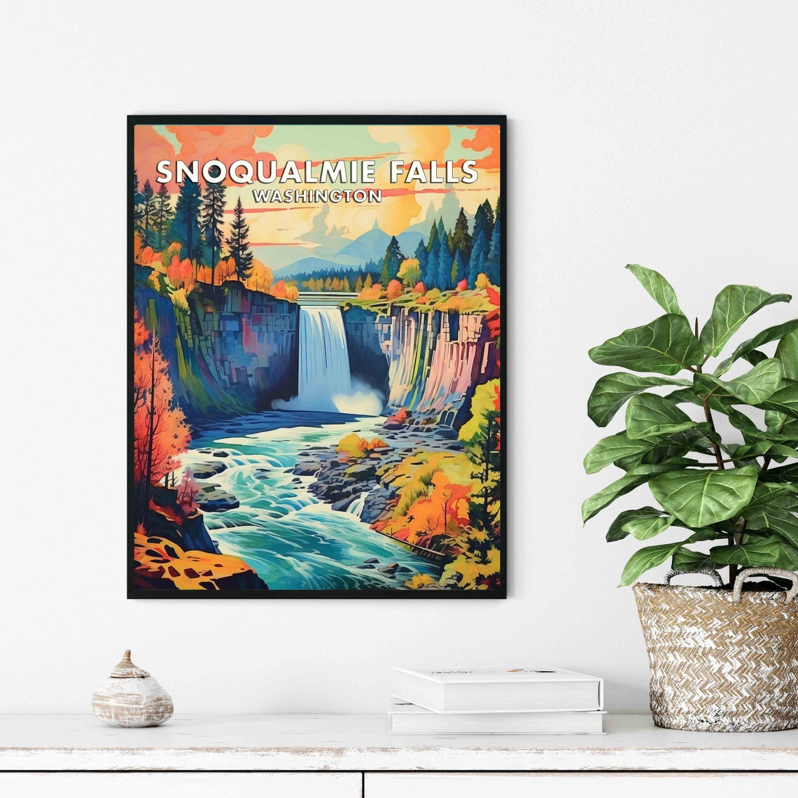 Snoqualmie Falls Washington Retro Autumn Waterfall Travel Poster Art - Image 3