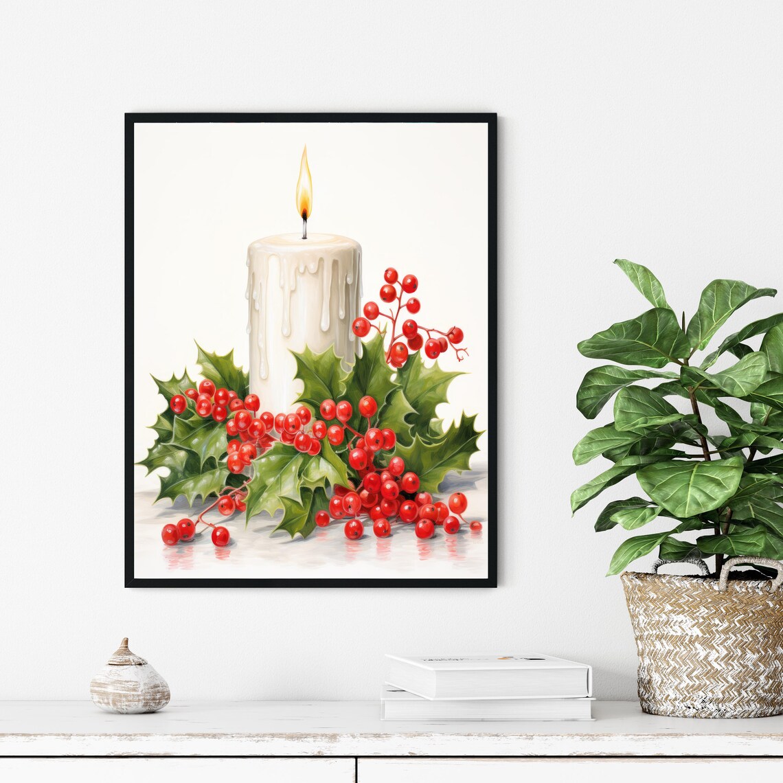 Lit Christmas Candle With Holly Berries Festive Holiday Art Poster - Image 2