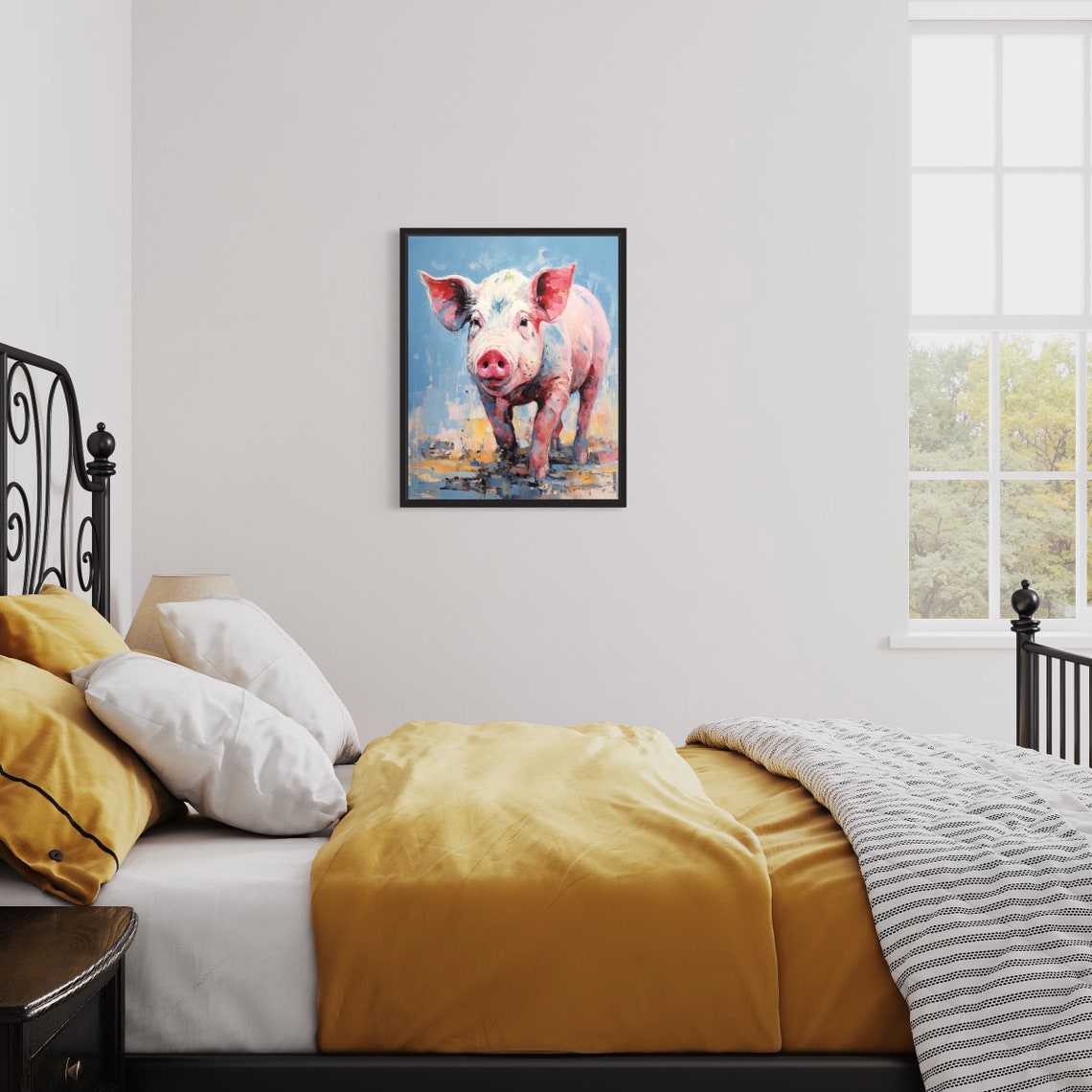 Curious Pink Piglet Trotting Forward Abstract Animal Painting Poster - Image 3