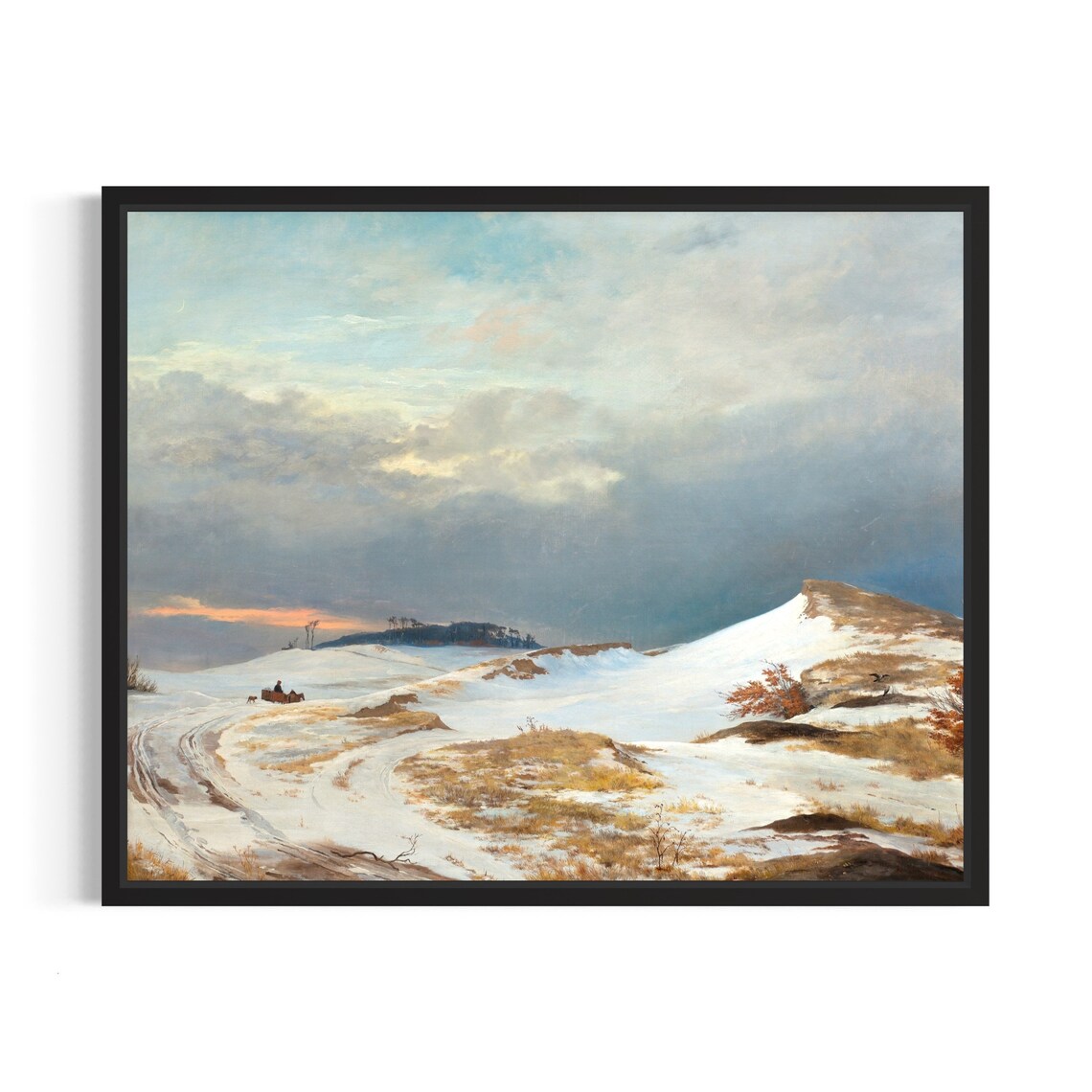 Dog Sled Crossing Snowy Plain at Dusk Vintage Winter Scene Poster