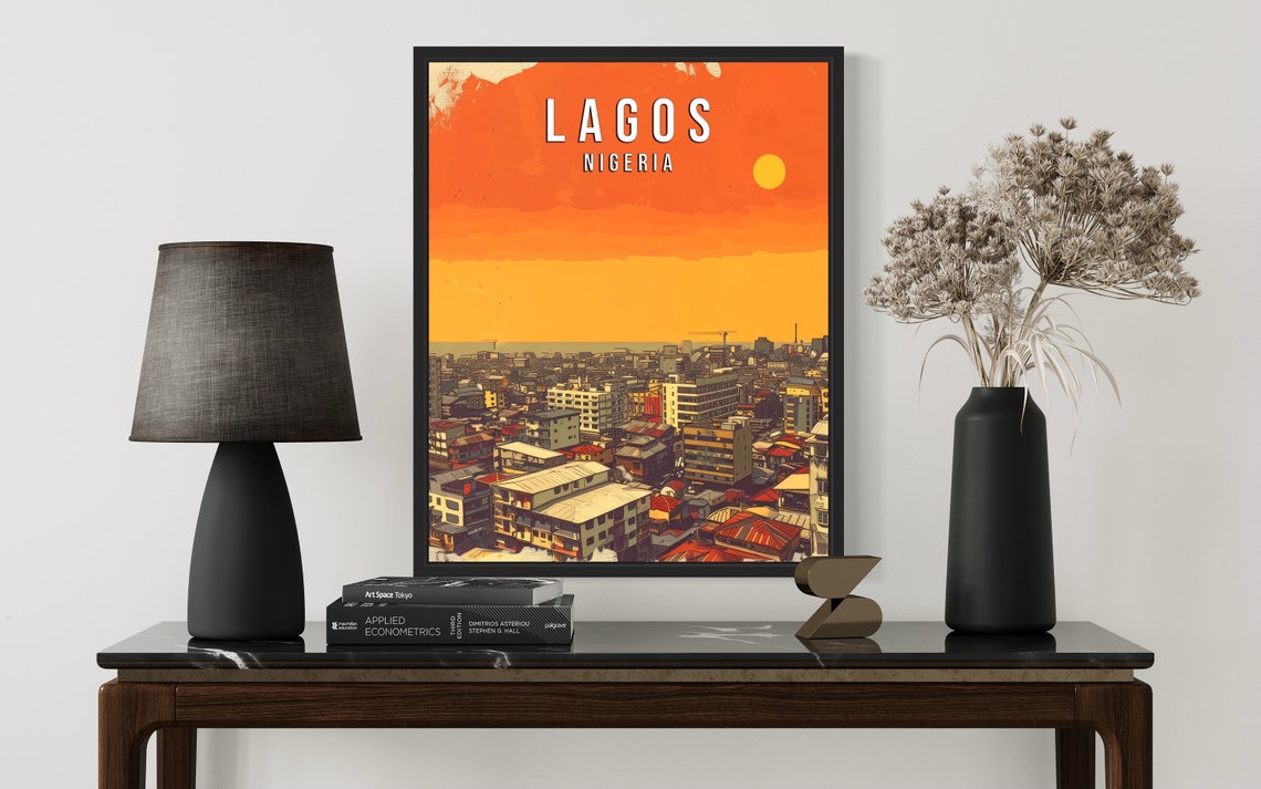 Lagos Nigeria Skyline Above Bustling Orange City Travel Poster - Image 2
