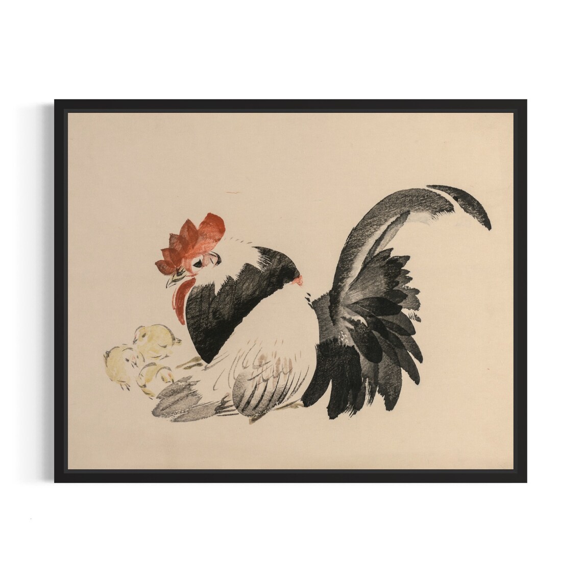 Japanese Ink Wash Rooster Sheltering Chicks Vintage Art Poster