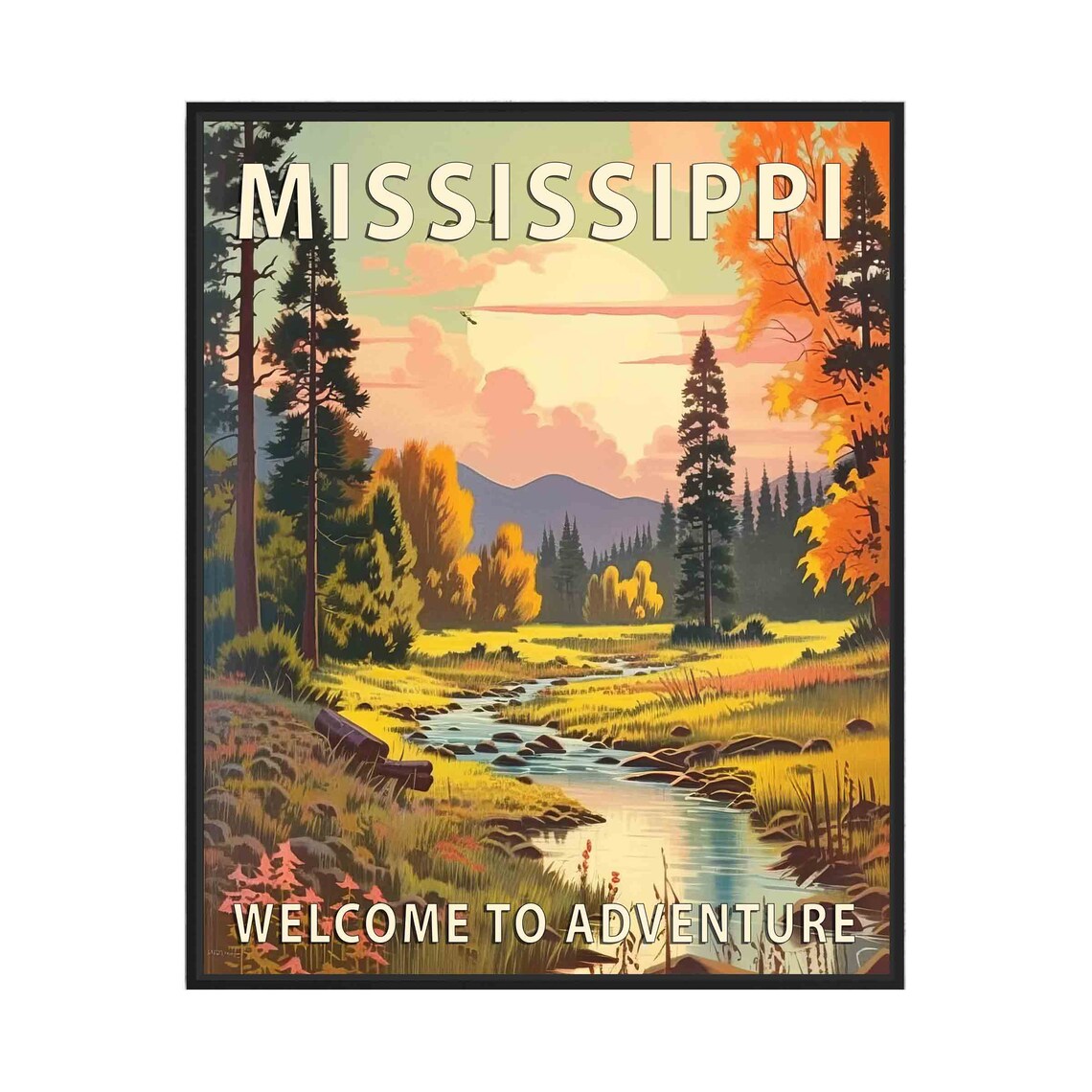 Mississippi Forest Stream Sunset Retro Nature Adventure Poster