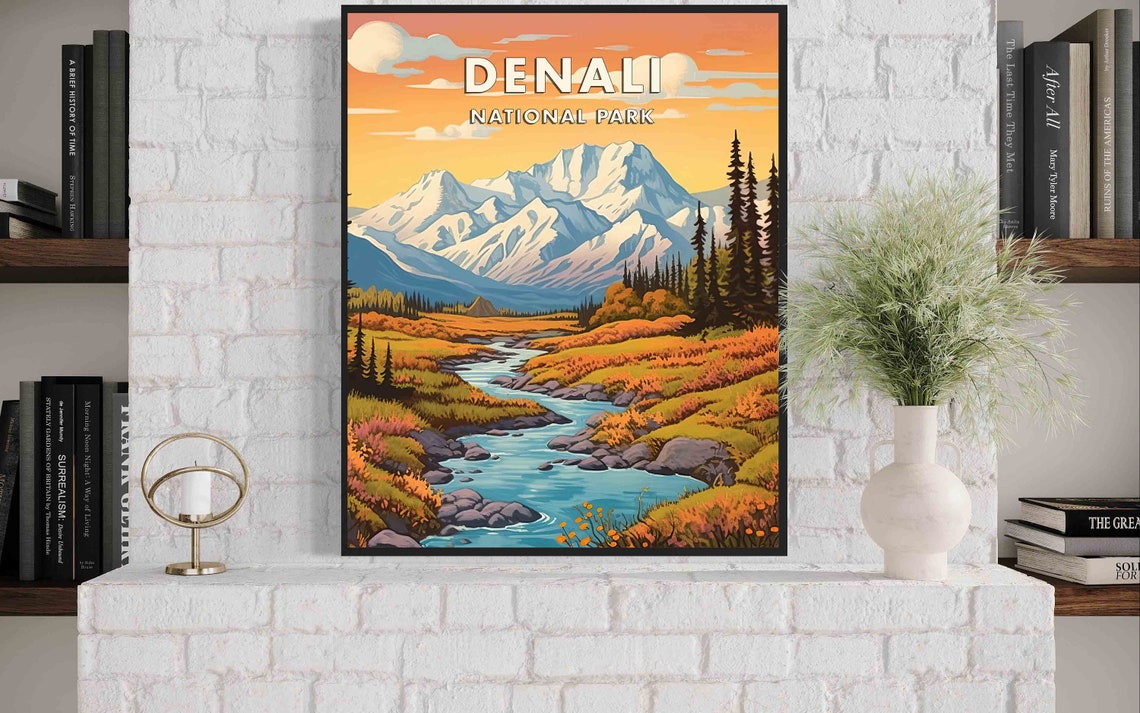 Denali National Park Alaska Golden Sunset Mountains River Poster - Image 3