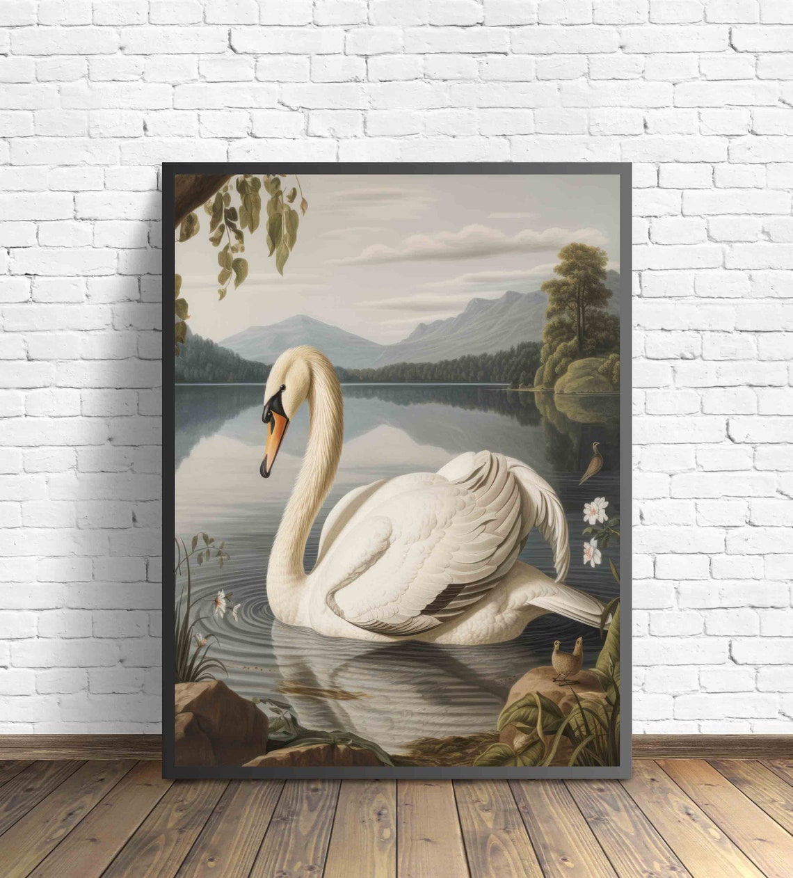 White Swan on Mountain Lake Vintage Wildlife Illustration Poster