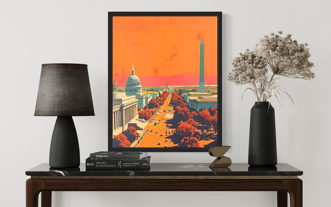 Washington DC Capitol and Monument Sunset Cityscape Art Poster - Image 3