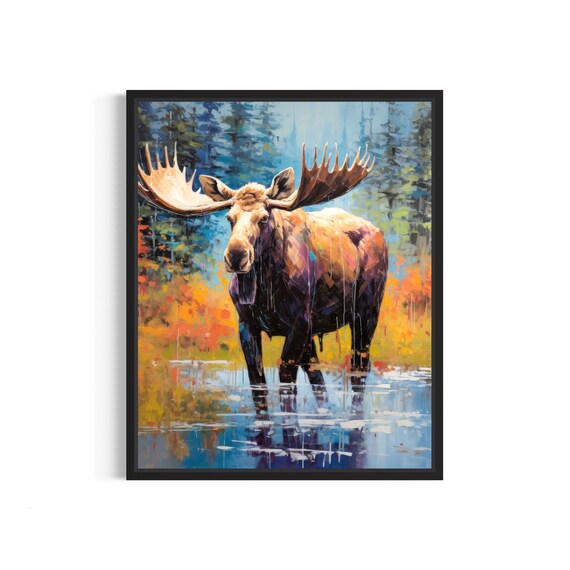 Mighty Moose Standing Autumn Lake Misty Forest Painting Poster