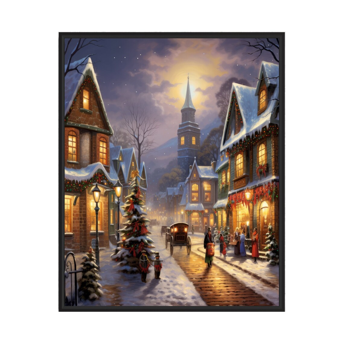 Victorian Christmas Village Snowy Street Horse Carriage Poster