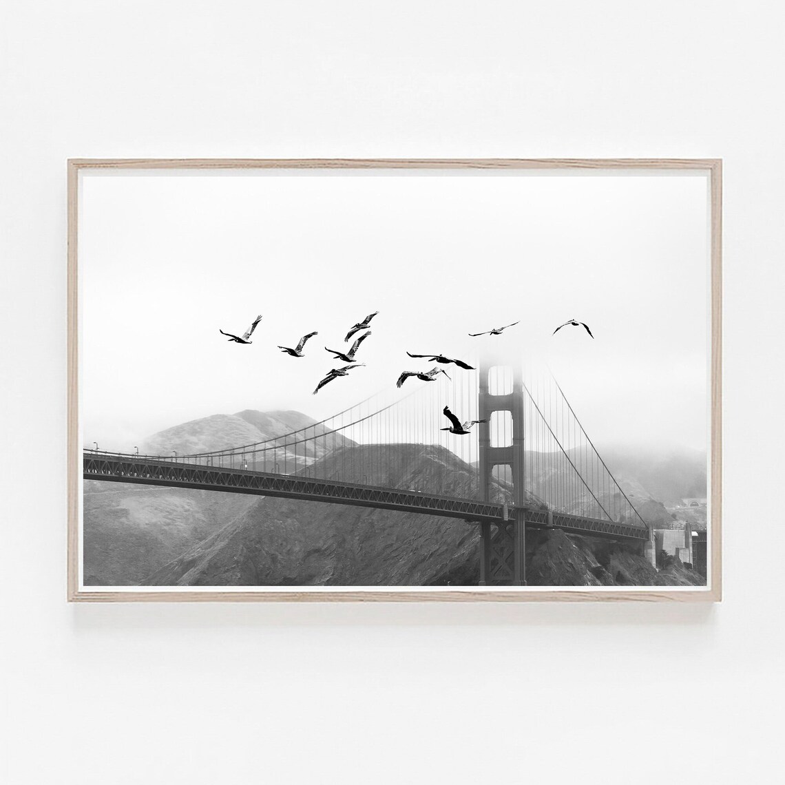 San Francisco Golden Gate Bridge Fog Pelicans Black White Poster
