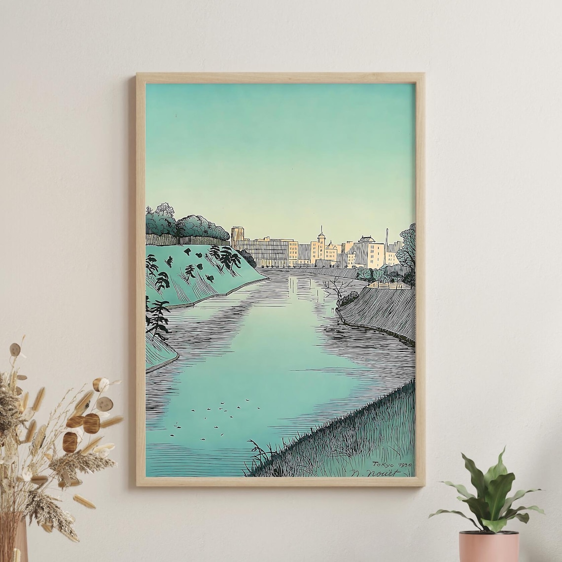 Benkei Moat Tokyo 1936 Vintage Woodblock City Skyline Poster Art