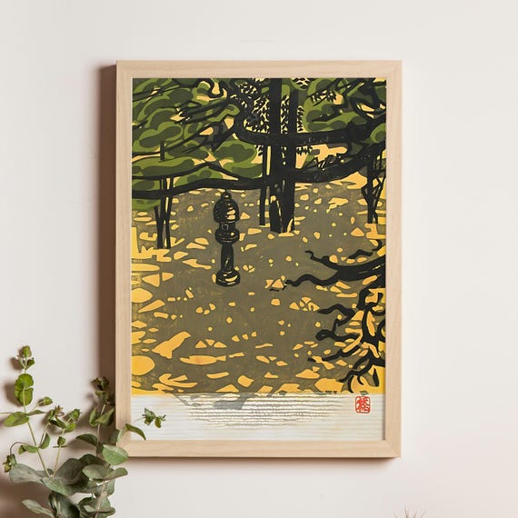 Garden With Stone Lantern Okiie Showa Period Serene Japanese Landscape Print Zen Wall Art Vintage Woodblock Decor
