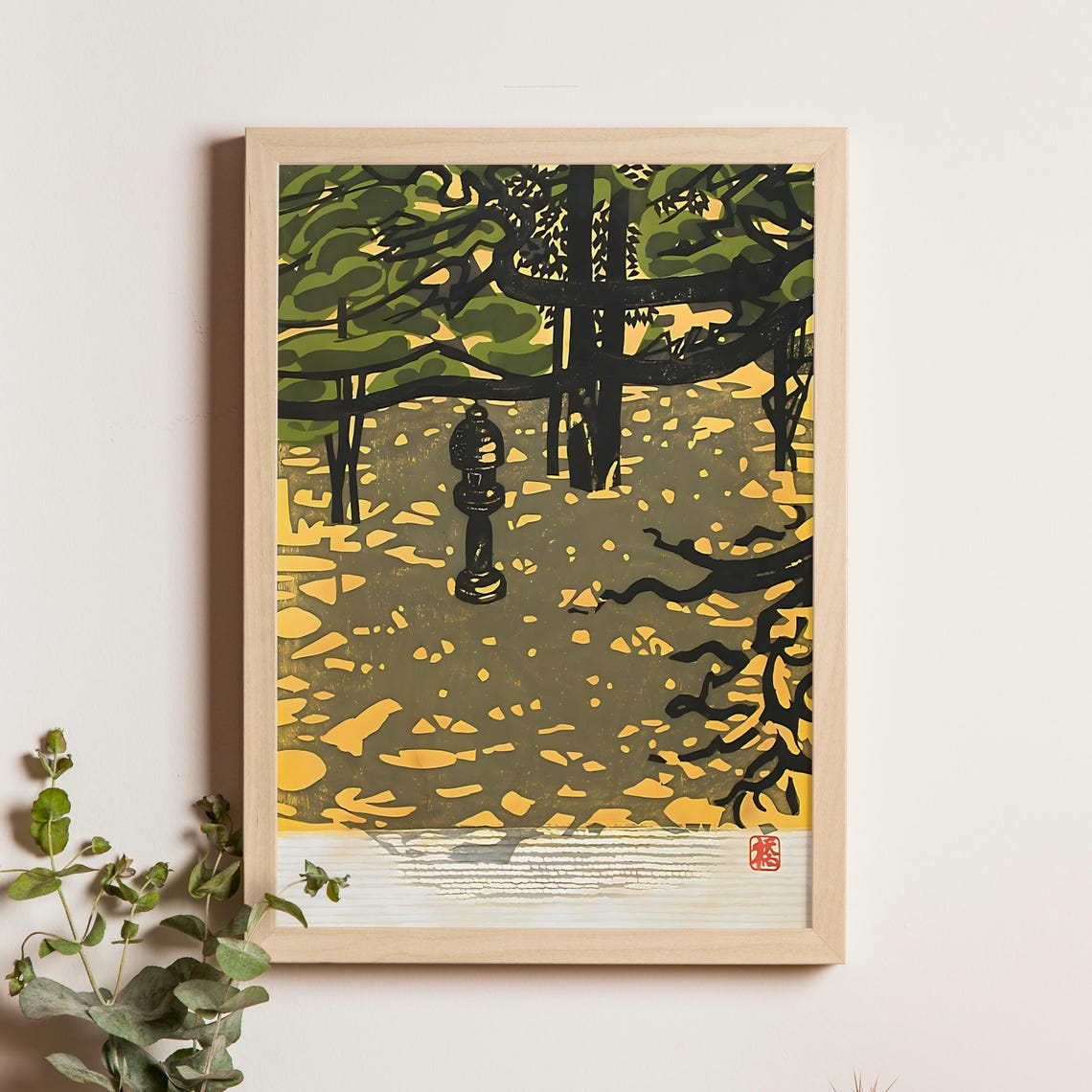 Hashimoto Okiie Stone Lantern In Shadowed Grove Woodblock Poster