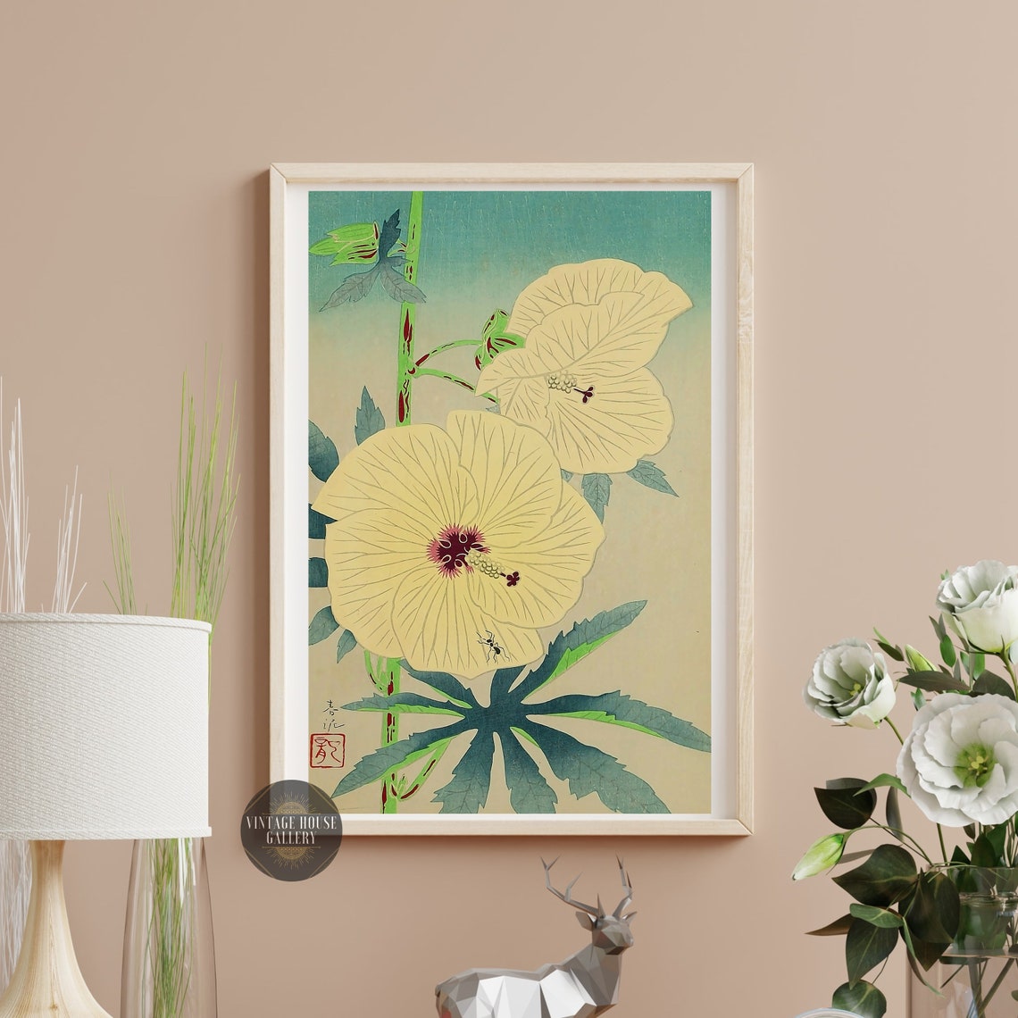 Yellow Hibiscus Blossoms Climbing Ant Vintage Woodblock Poster