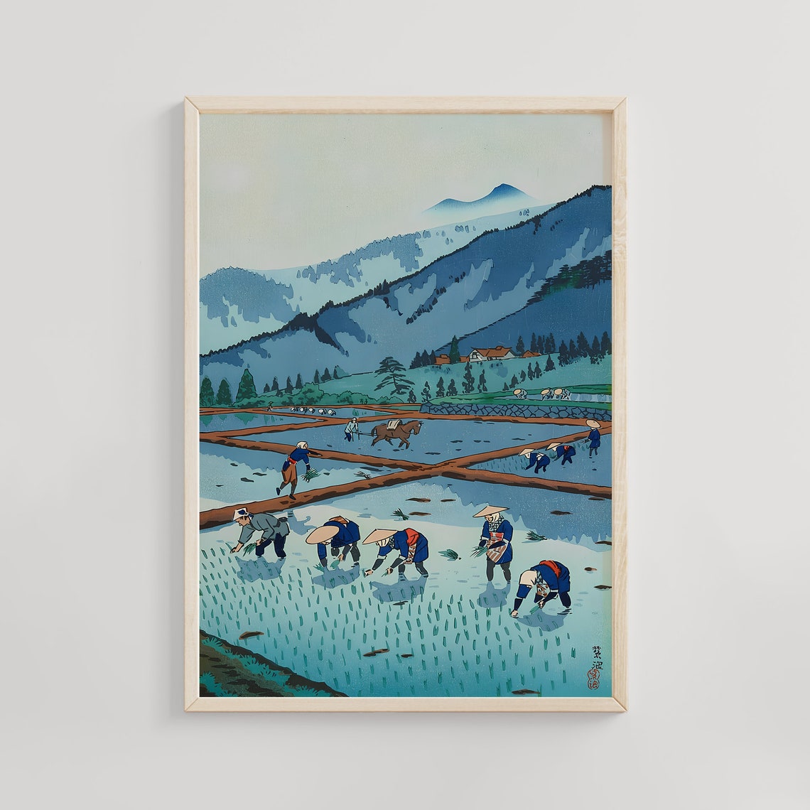 Shiro Kasamatsu Rice Planting Blue Paddy Fields Japanese Poster