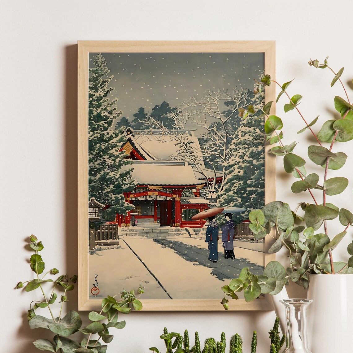 Red Shrine Gateway in Snow with Women Holding Umbrellas Print