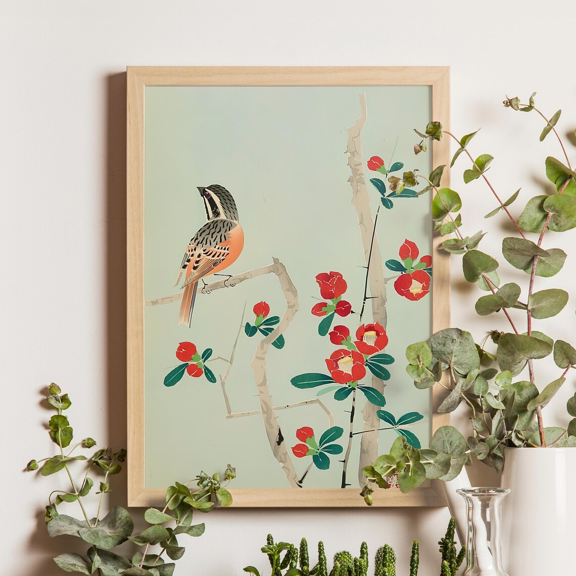 Songbird Perched On Camellia Branch Red Blossoms Woodblock Art Poster