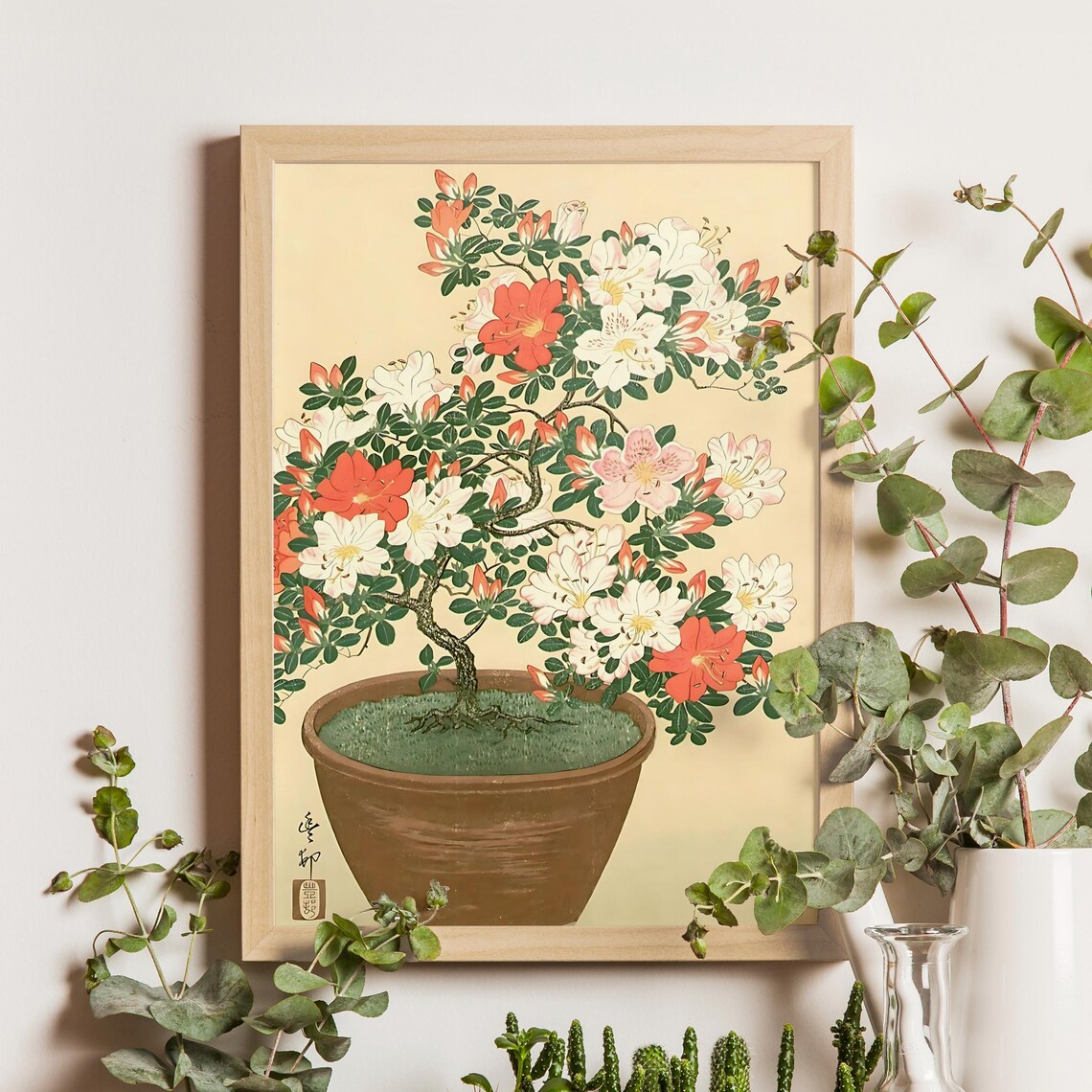Potted Azalea Bonsai with Pink Blossoms Japanese Woodblock Poster