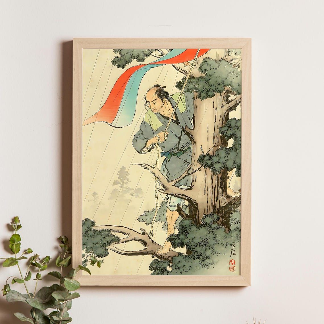 Man Climbing Tree Japanese Modernist Figurative Woodblock Poster