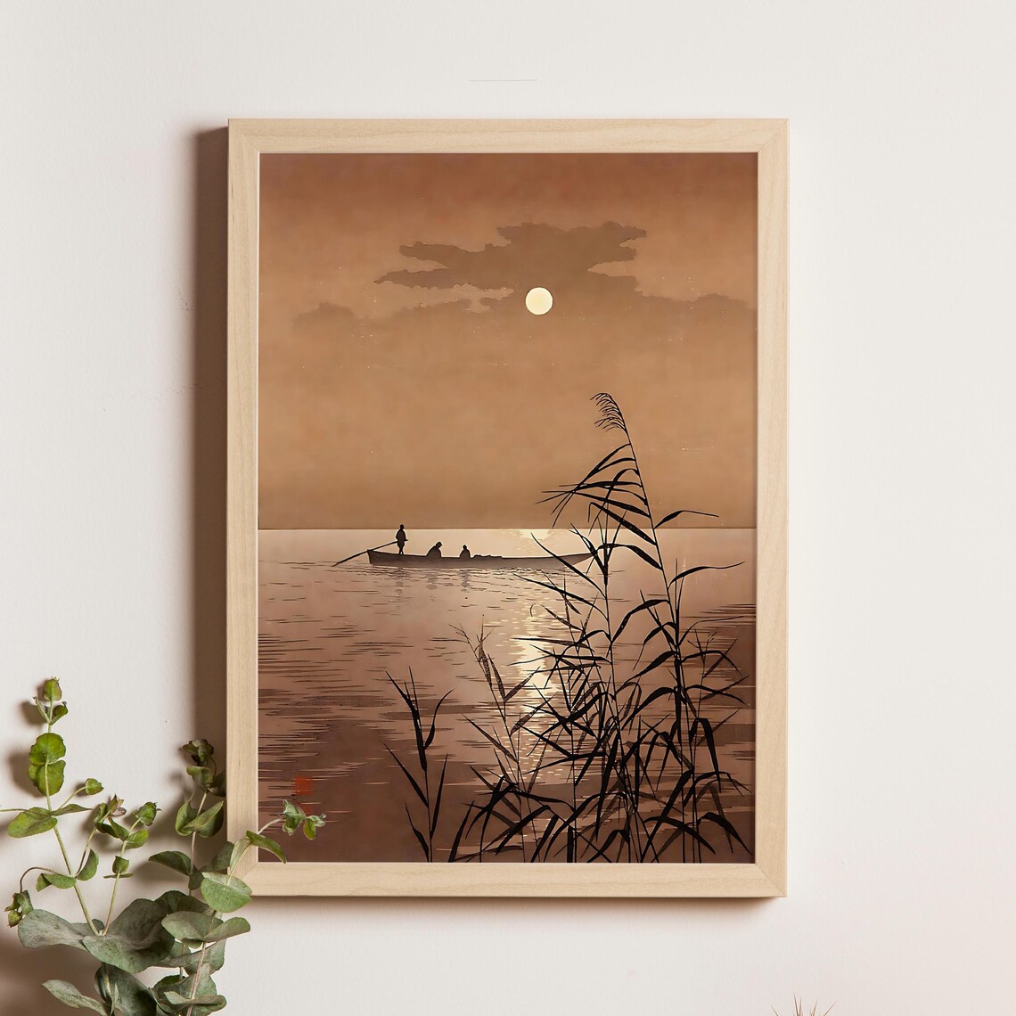 Moonlit Sea Sepia Boats and Reeds Vintage Japanese Seascape Poster
