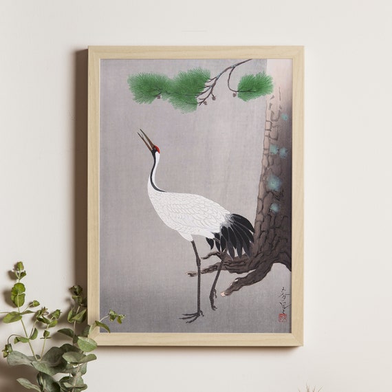 Crane Kachoe Artwork Ohno Bakufu Artist Vintage Ukiyoe Poster Japanese Bird Art Nature Wall Decor Wildlife Illustration