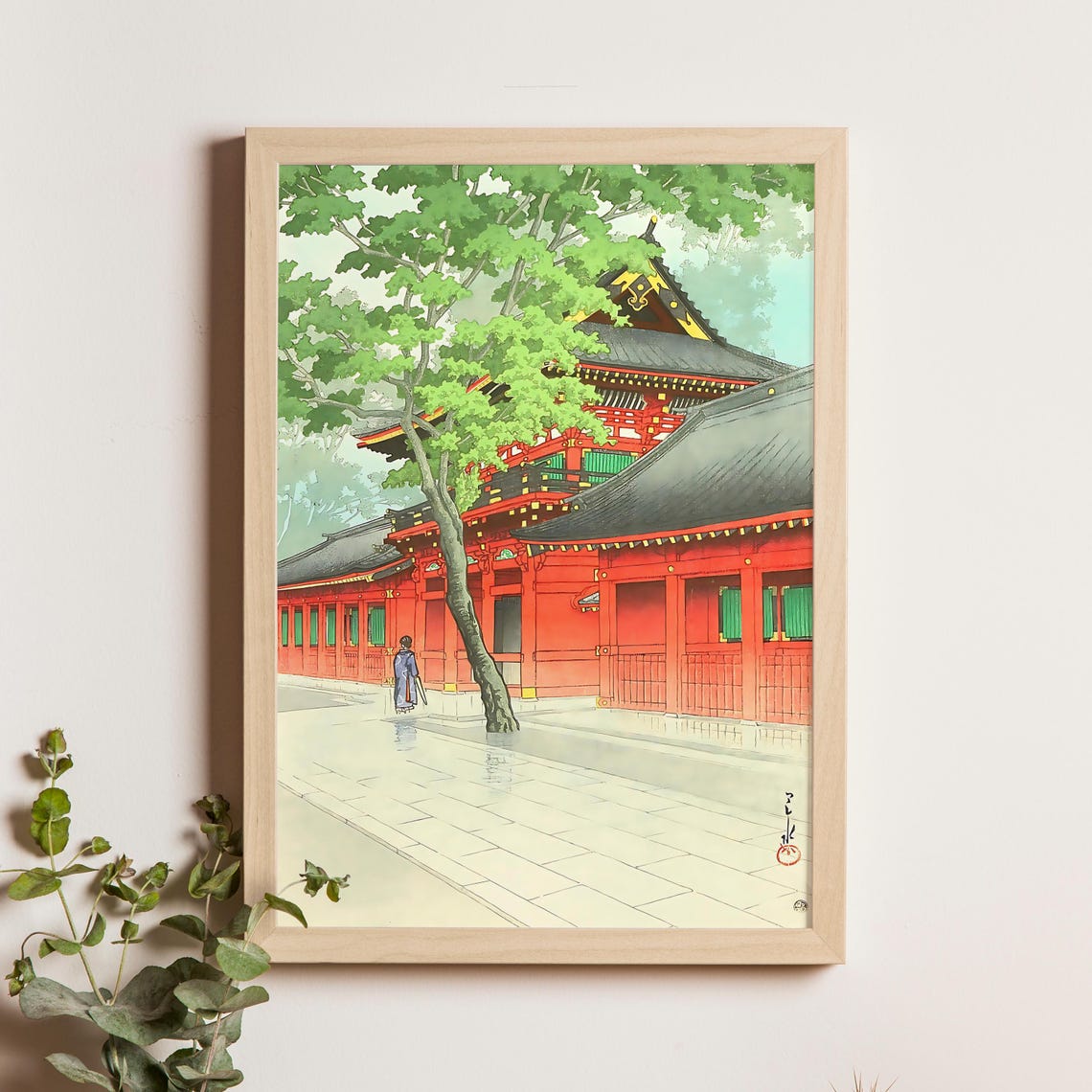 Red Shrine Halls and Gate with Monk Beneath Tall Pines Poster