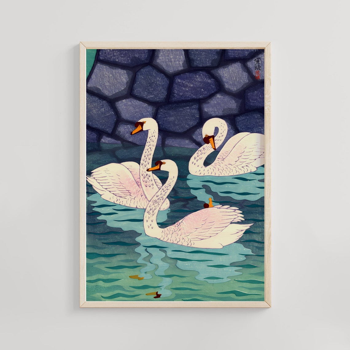 Three White Swans Kasamatsu Shiro Stone Moat Woodblock Poster