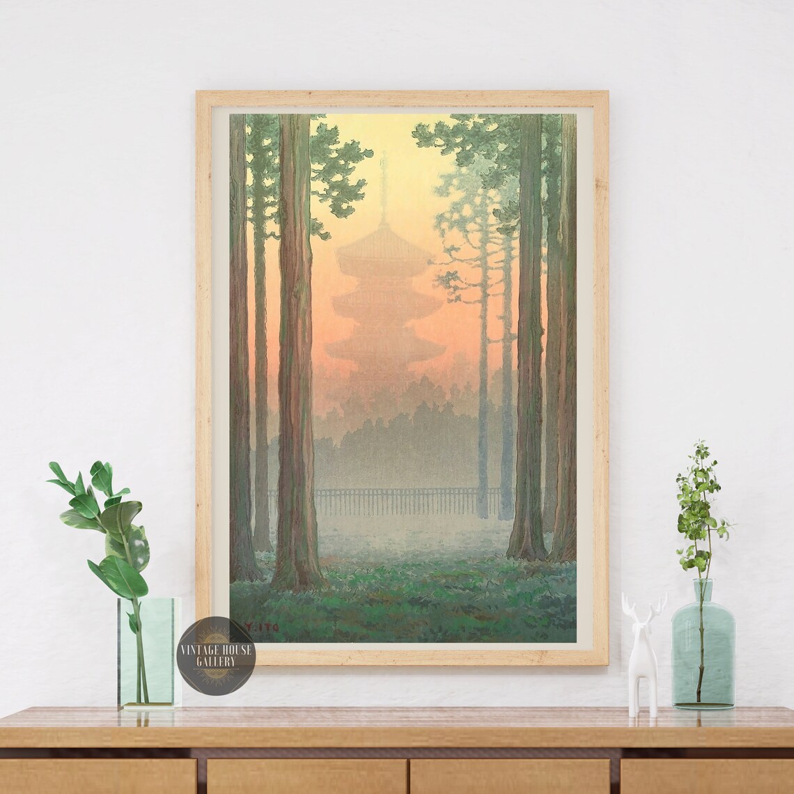 Pagoda Between Pines Ito Yuhan Sunrise Mist Woodblock Poster