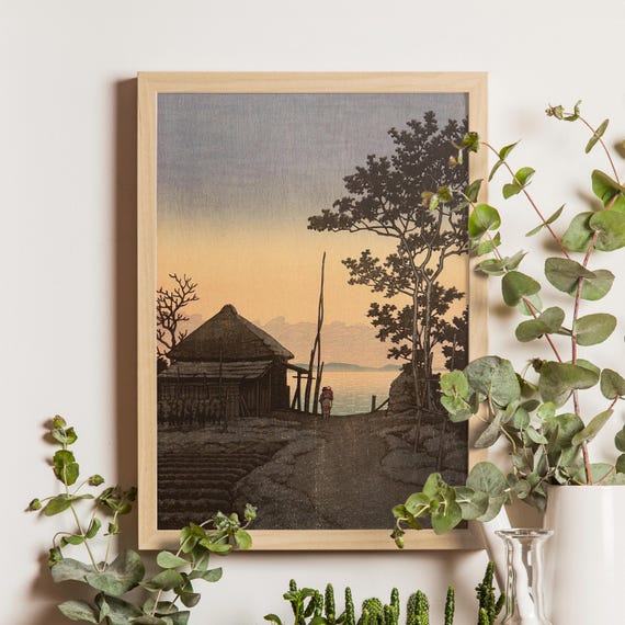 Evening At Aso In Ibaraki Prefecture Kawase Hasui 1930 Moody Japanese Woodblock Print Dusk Landscape With Village And Rice Fields