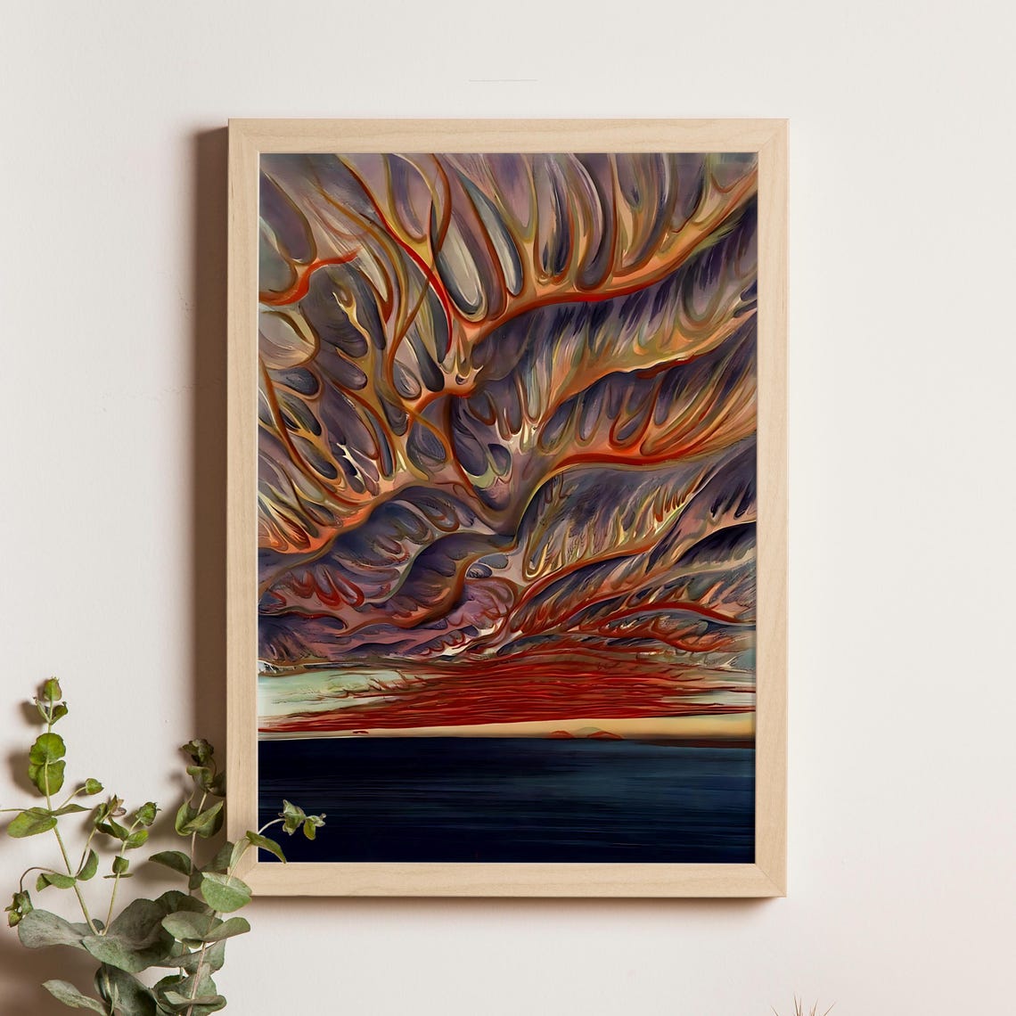 Fiery Sunset Over Still Waters Dramatic Evening Sky Woodblock Poster