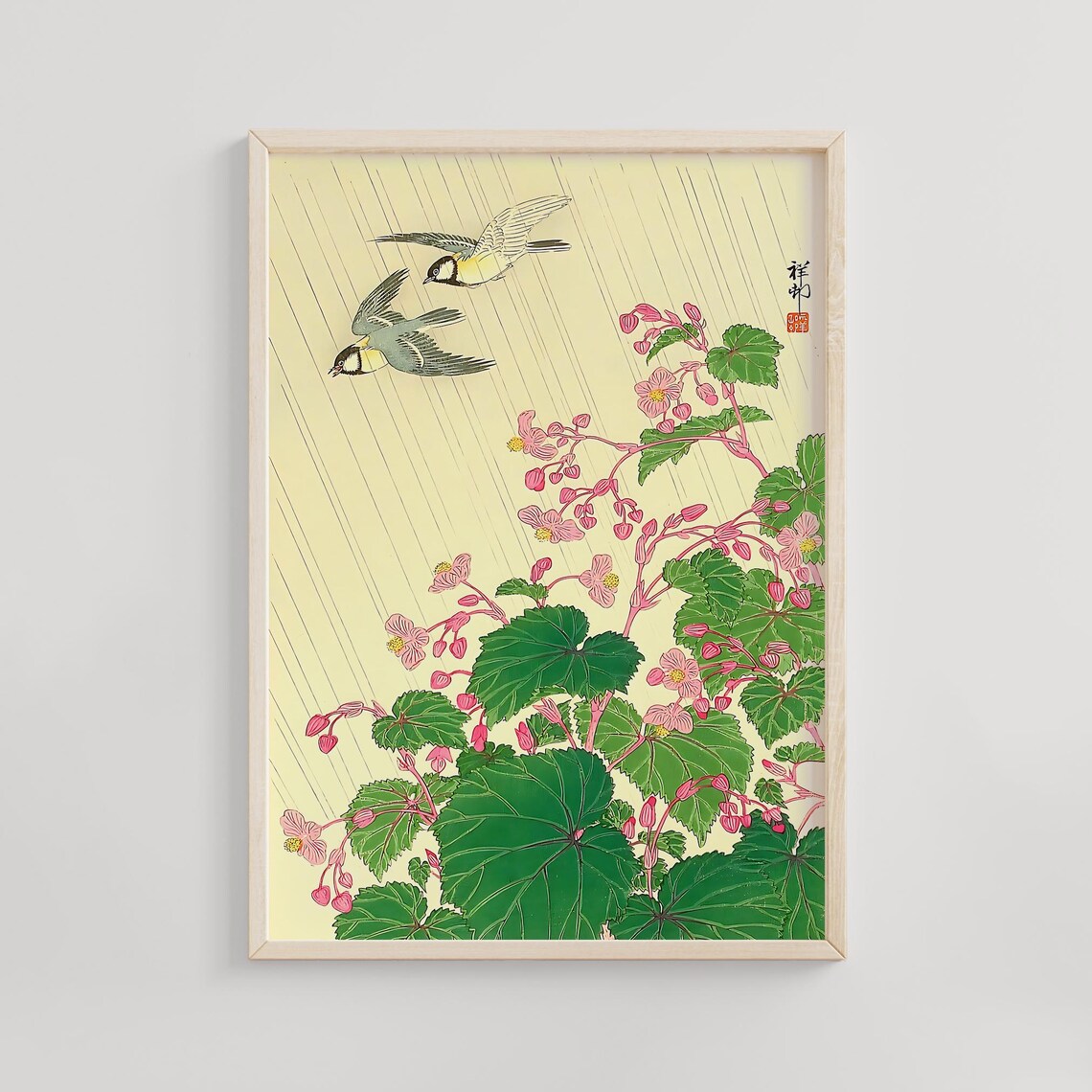 Two Birds Flying in Rain over Pink Begonia Bloom Woodblock Poster