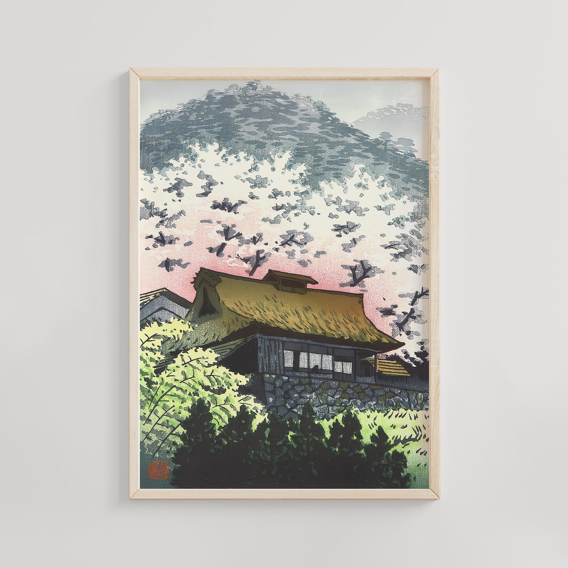 Spring Mountain Cottage Shiro Kasamatsu Thatched Roof Woodblock Poster