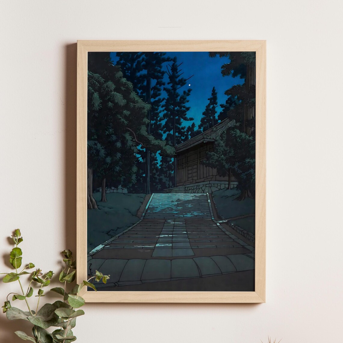 Kawase Hasui Moonlit Temple Stairs Night Scene Woodblock Poster