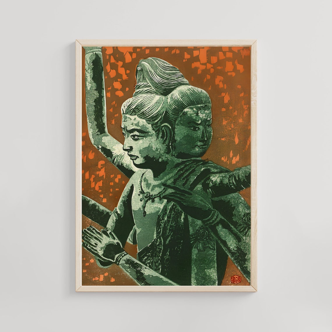 Ancient Two Faced Asian Deity Bronze Statue Orange Art Poster