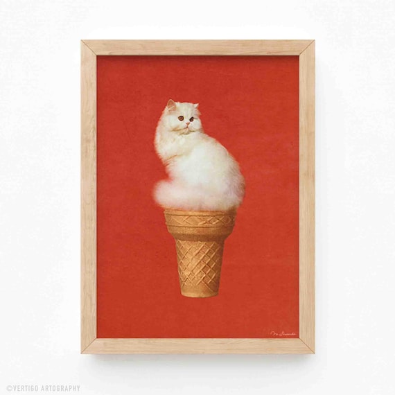 Ice Cream Cat Surreal Collage Art Print