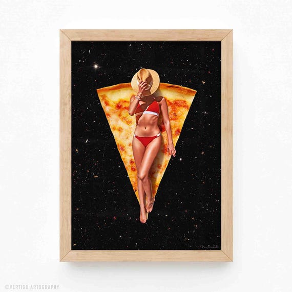 Surreal Pizza Cowgirl In Space Art Print Whimsical Diner Wall Decor