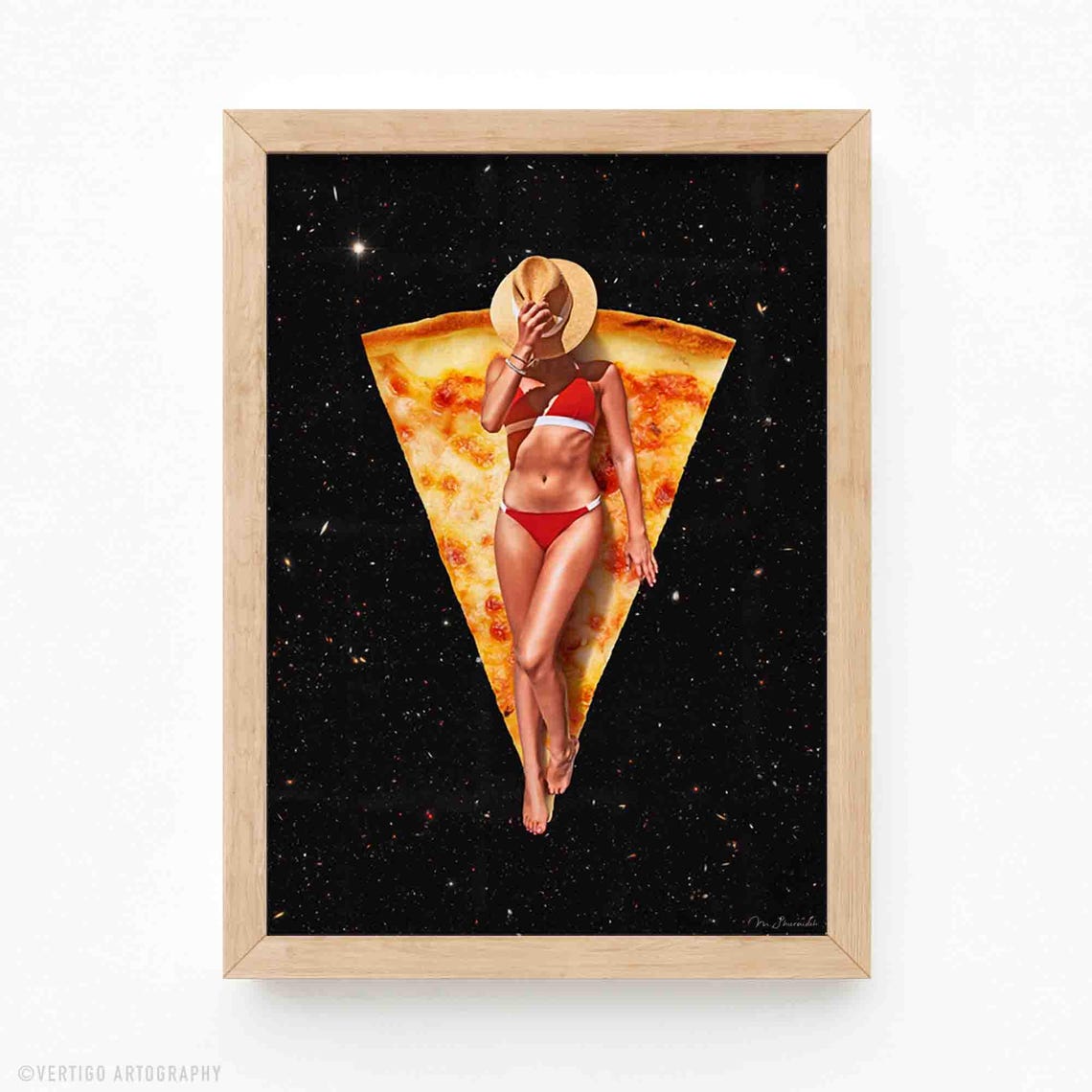 Surreal Pizza Cowgirl In Space Art Print Whimsical Diner Wall Decor