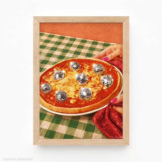 Disco Ball Pizza Surreal Food Collage Retro Party Kitchen Art Poster