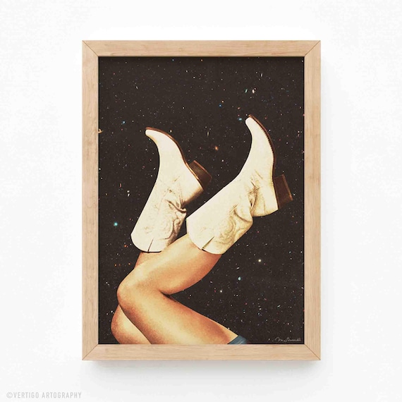 Cream Cowboy Boots Kicked Up Starry Night Sky Western Wall Art