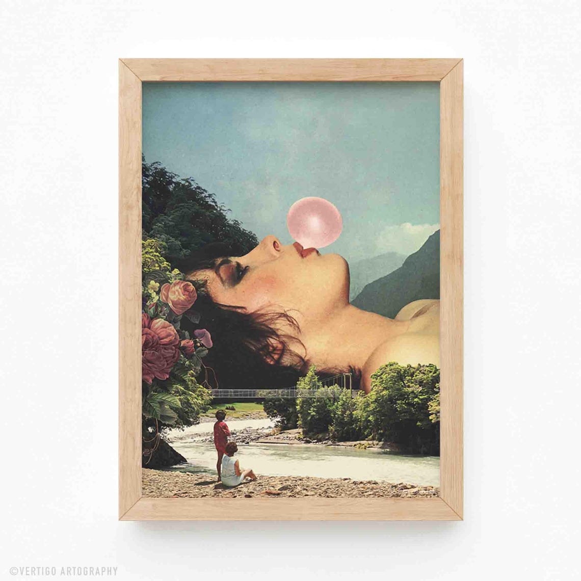 Surreal Bubble Gum Girl Vintage Collage Flower Mountain Wall Art