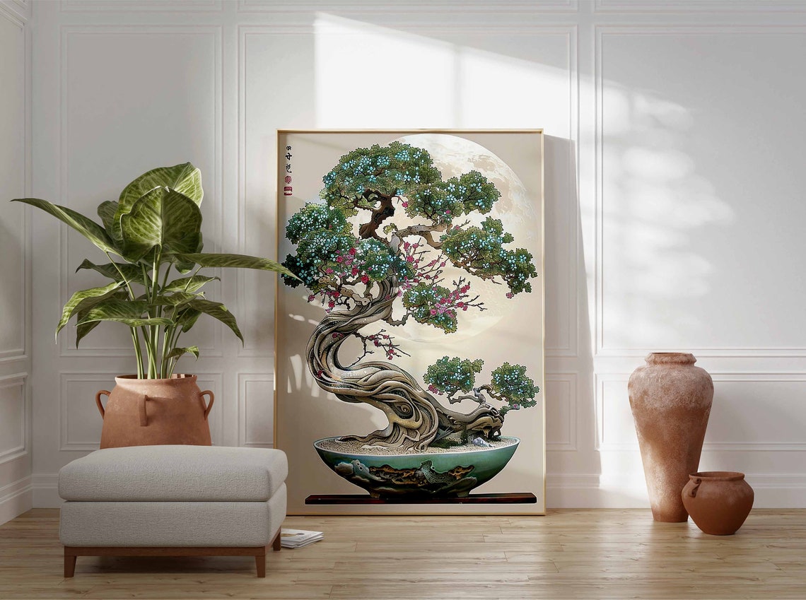 Japanese Bonsai Tree Full Moon Night Tranquil Celadon Zen Garden Print - Image 2