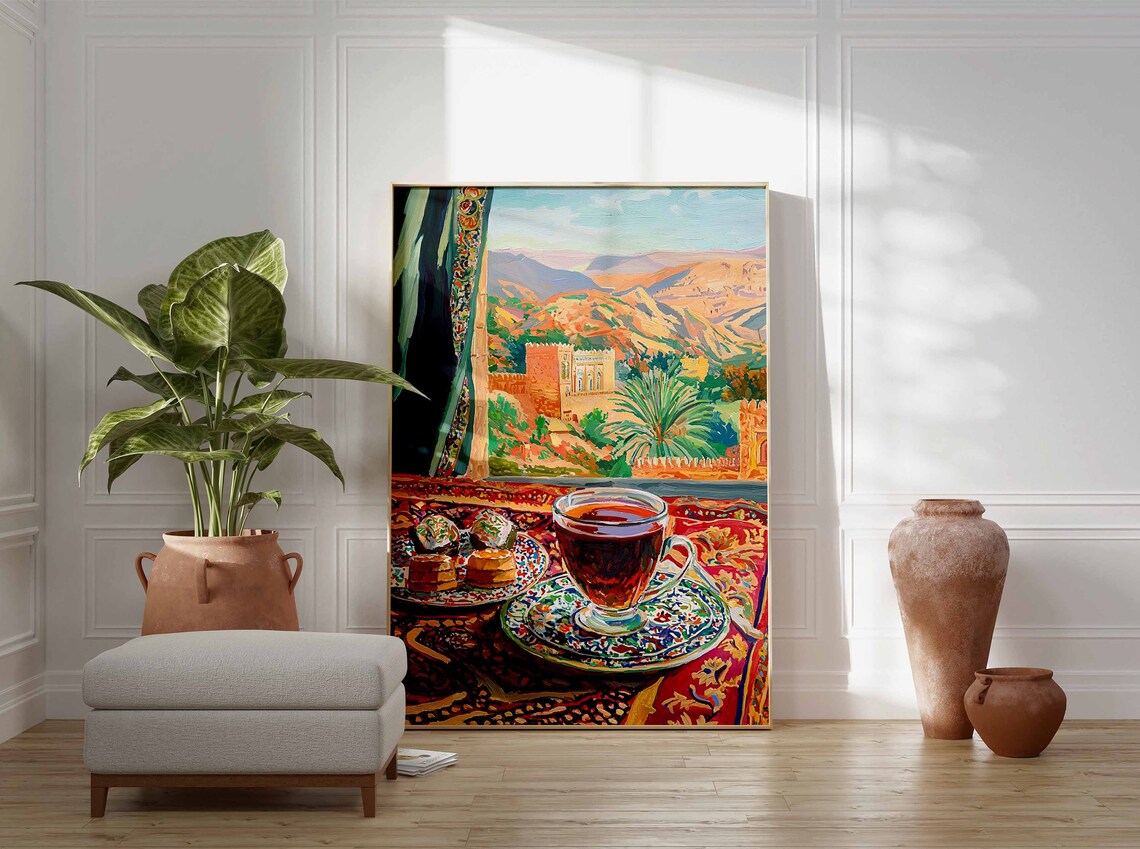 Moroccan Desert Tea Glass Sweet Treats Kasbah View Art Poster - Image 3