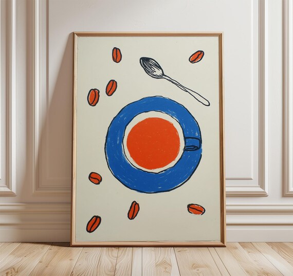 Hand Drawn Coffee Cup Art Print Blue Saucer Bean Kitchen Wall Decor