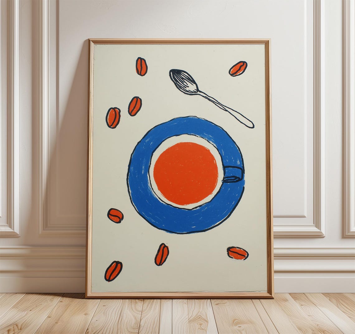 Modern Coffee Cup Wall Art Minimalist Kitchen Print With Spoon And Beans Retro Pop Poster Bold Abstract Cafe Decor