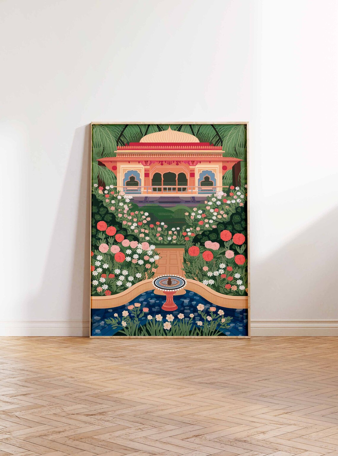 Indian Palace Garden Fountain Floral Traditional Artwork Poster - Image 2